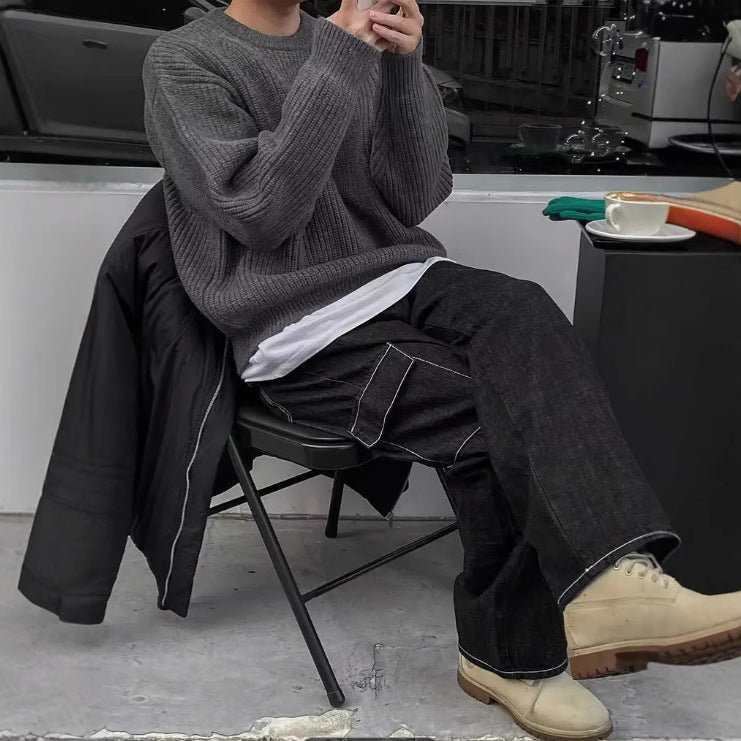 Men's Long Sleeve British Round Neck Pullover Knitted Sweater