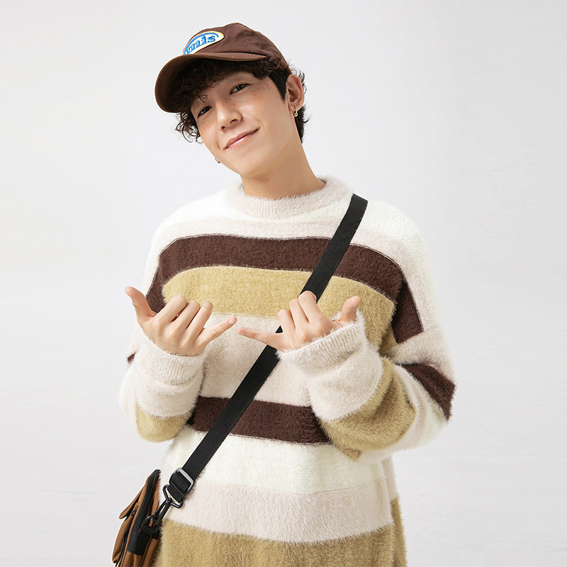 Artificial Mink Fur Contrast Color Striped Round Neck Sweater