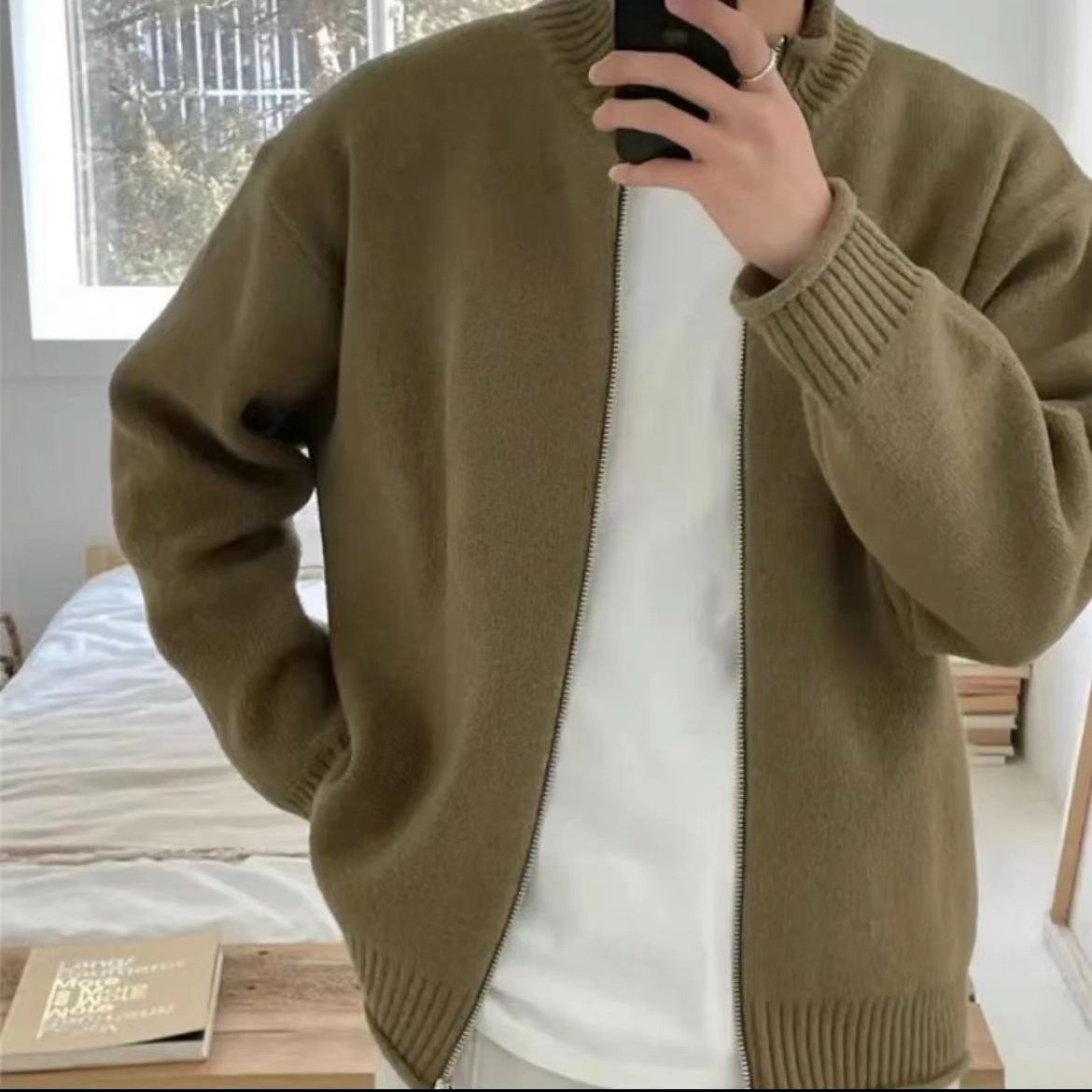 Men's Spring And Autumn Stand Collar Knitted Cardigan Jacket