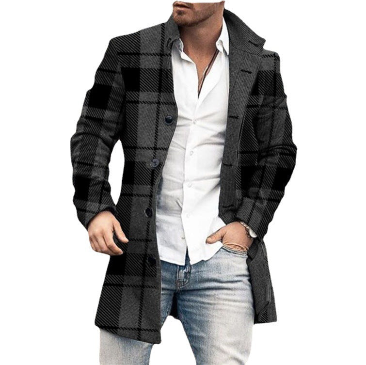 Fall Winter Men Woolen Stand Collar Mid-length trench coat