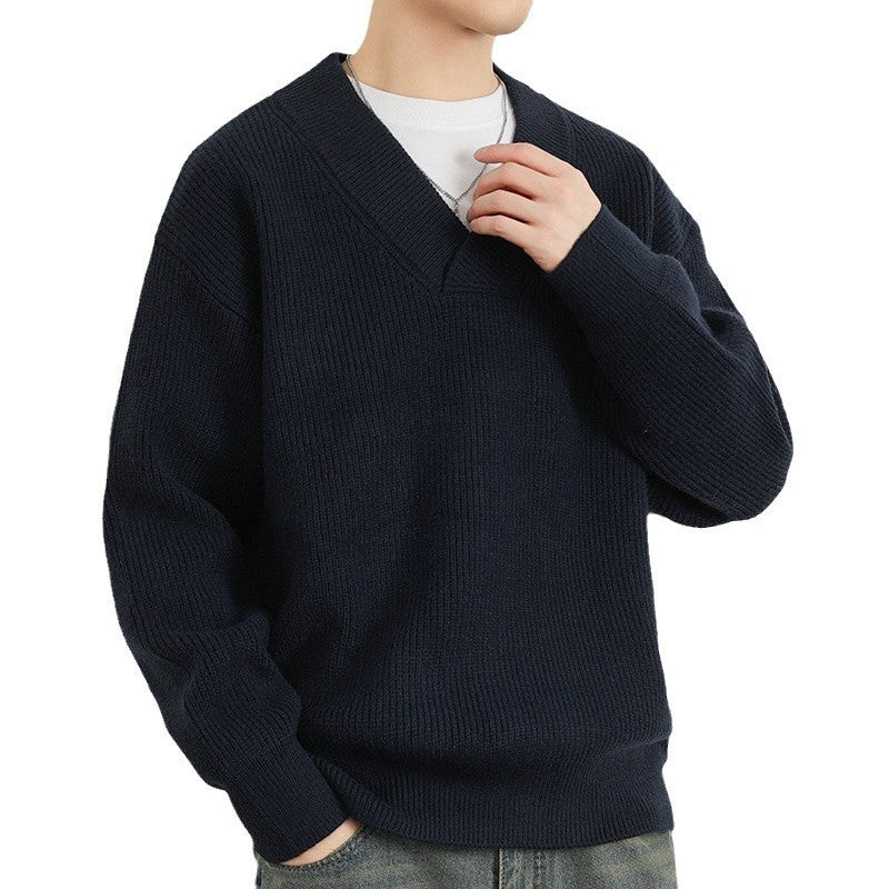 V-neck Men's Solid Color Coarse Yarn Knitted Sweater