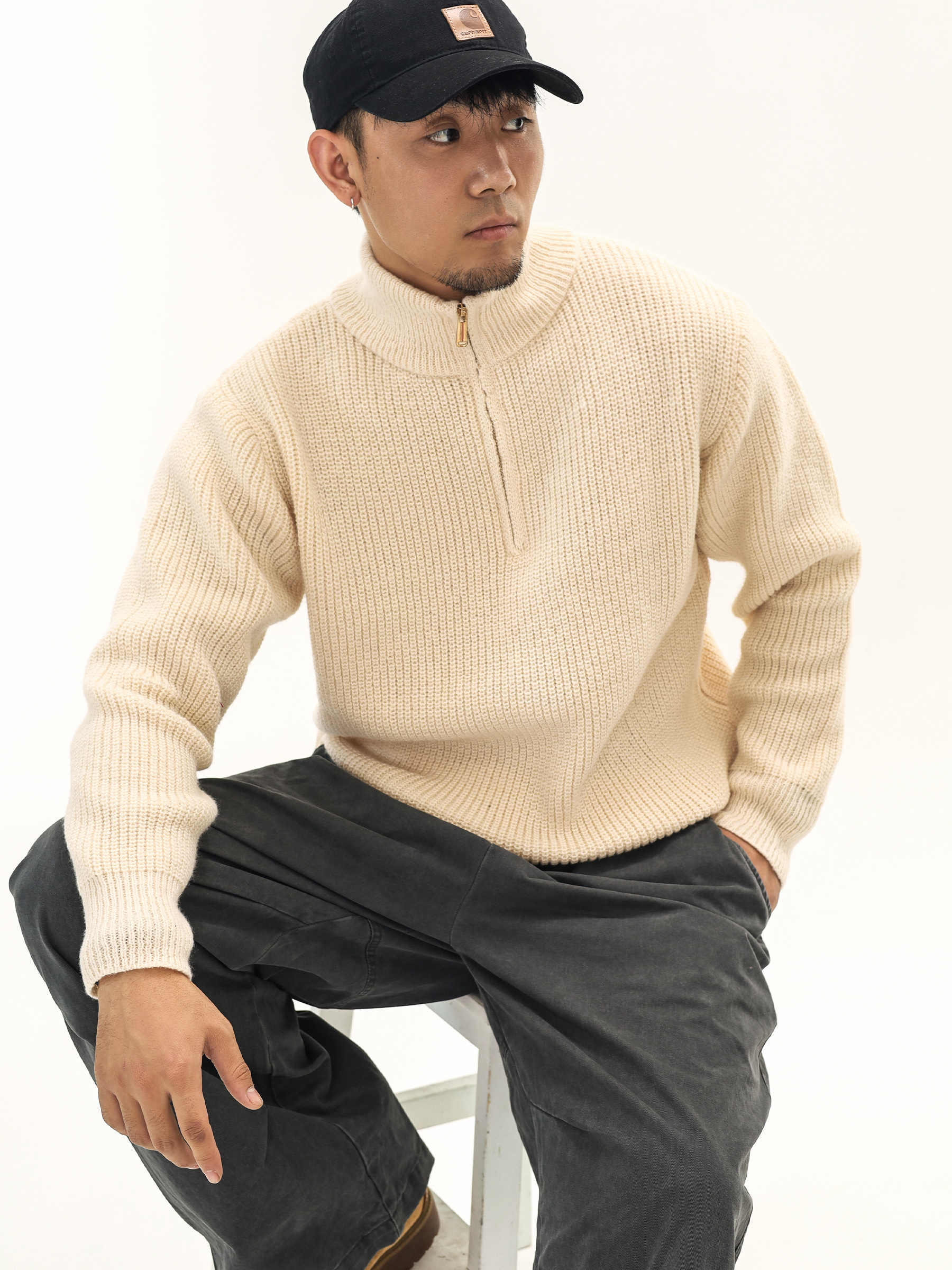 Thick Needle Wool Yarn American Retro Half Zipper Turtleneck Sweater