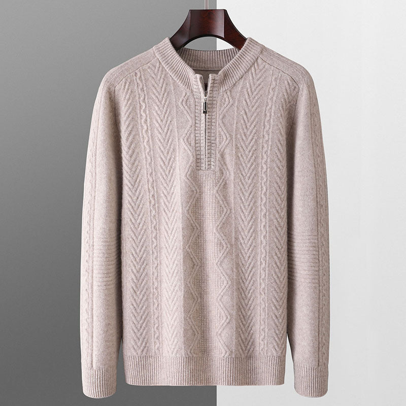 Autumn And Winter Pure Wool Men's Diamond Lattice Loose Half Zipper Sweater