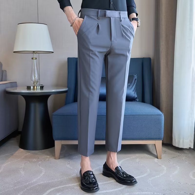 High Waist Straight Double Pleated Casual Suit Pants