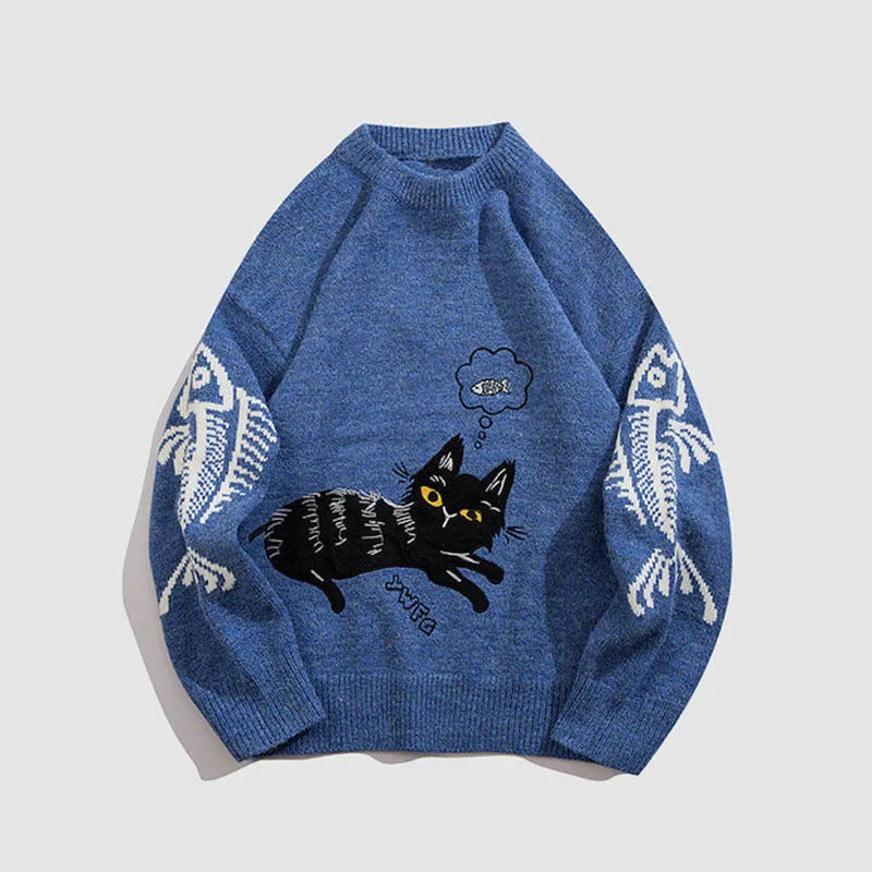 Cartoon Cat Couple Round Neck Long Sleeve Knitwear Sweater