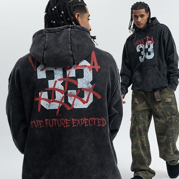 Retro Digital Printing Washed Old Hooded Fleece Lined Sweater Men