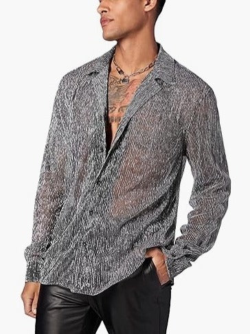 Shiny Crystal See-through Lapel Long Sleeve Shirt