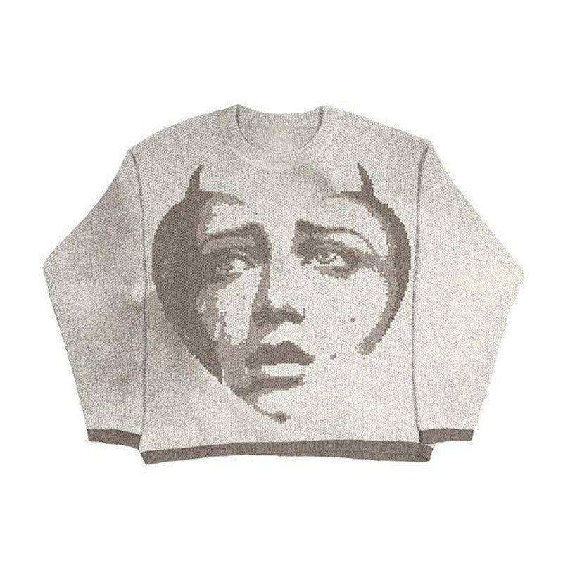 Jacquard Round Neck Loose Couple Dark Pullover Sweater