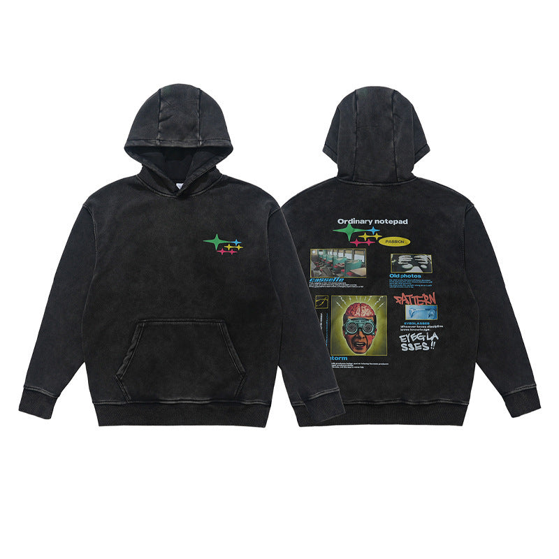 Retro Washed Heavy Large Print Composite Fleece-lined Couple Sweater