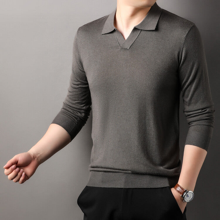 Spring And Autumn Long Sleeve Worsted Thin Lapels T-shirt Sweater
