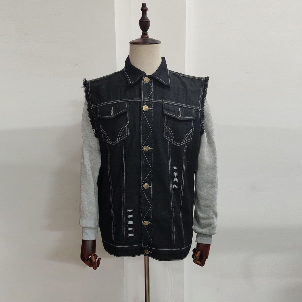 Men's Denim Sleeveless Turn-down Collar Coat