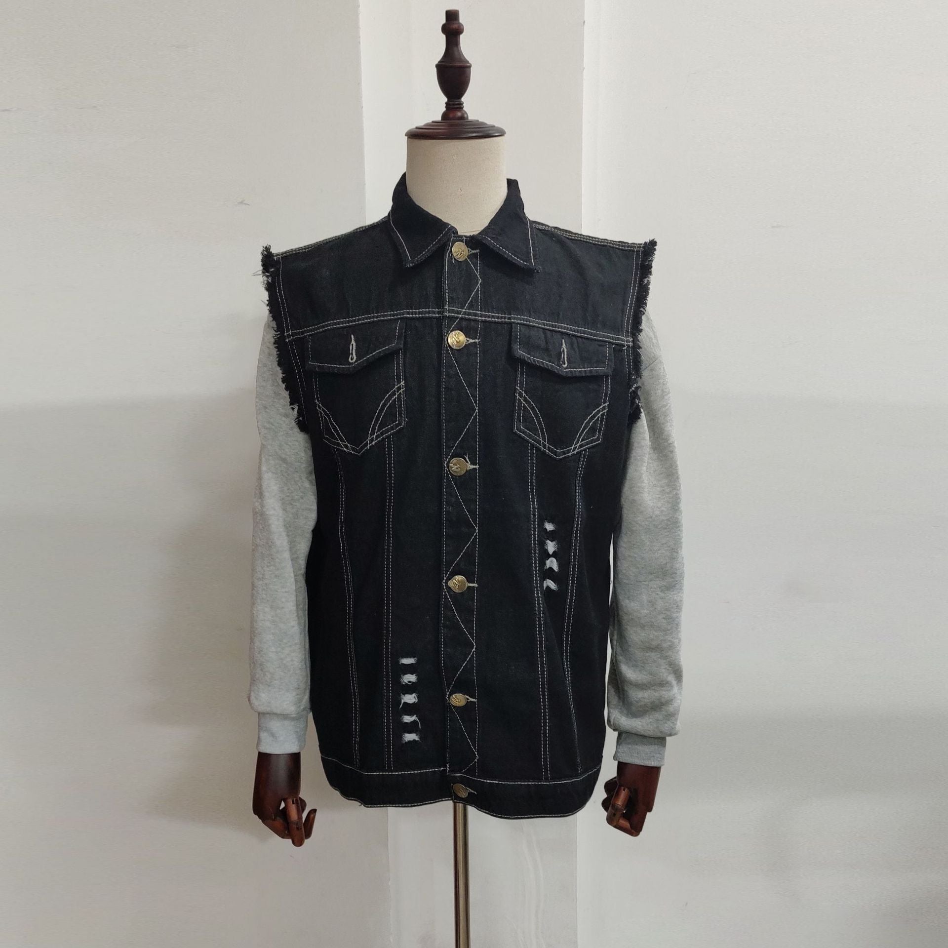 Men's Denim Sleeveless Turn-down Collar Coat