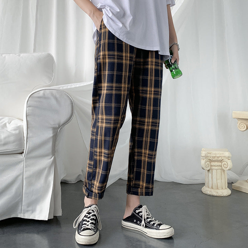 Men's Summer Loose Plaid Leisure Cargo Straight-leg Ankle-length Pants