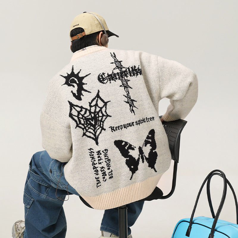 American Retro Hand-painted Jacquard Round Neck Sweater