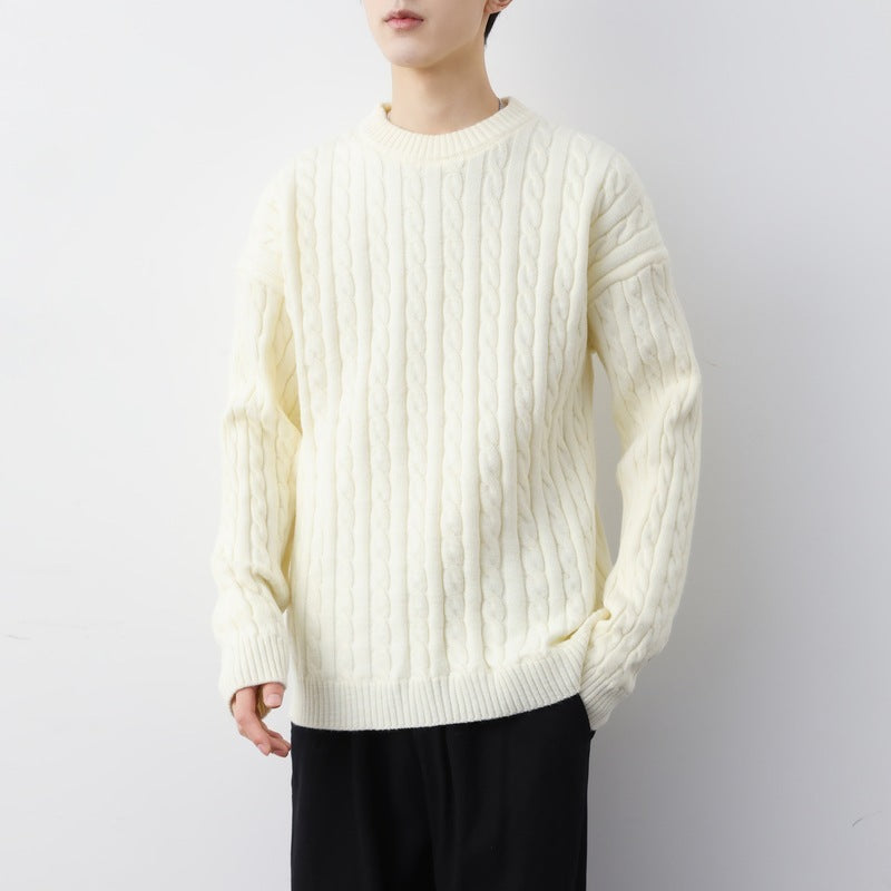 Men's Thick Solid Color Loose Round Neck Twisted Sweater