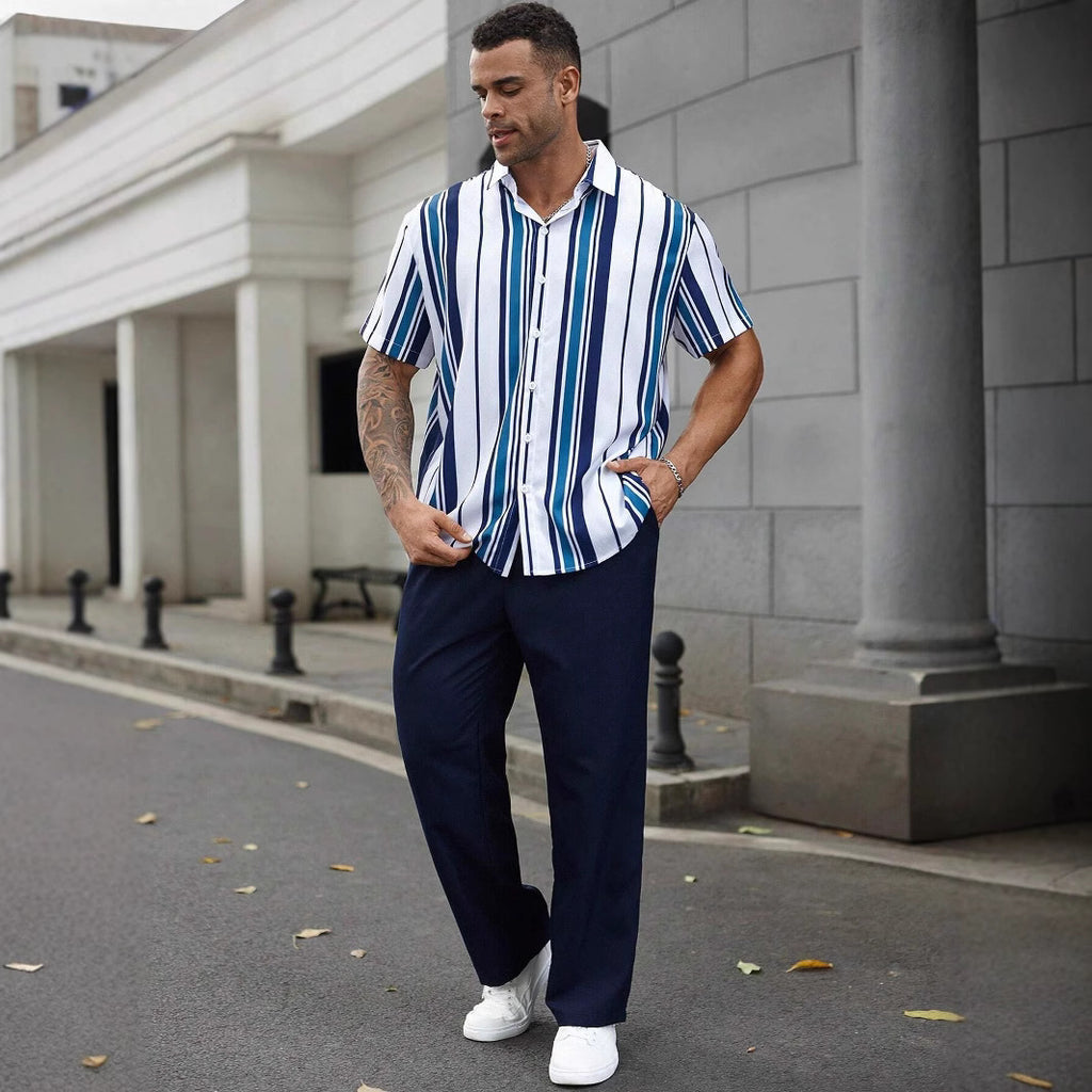 Casual Striped Short Sleeve Shirt Trousers Suit