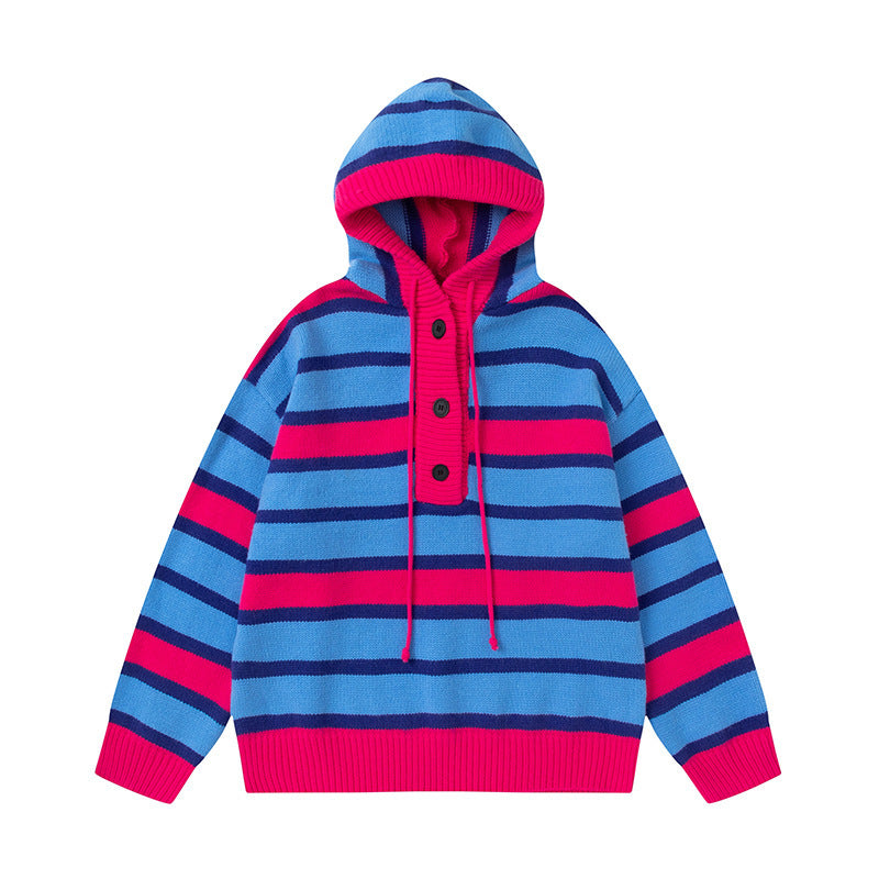 Winter Vintage Stripe Loose Hooded Pullover Sweater