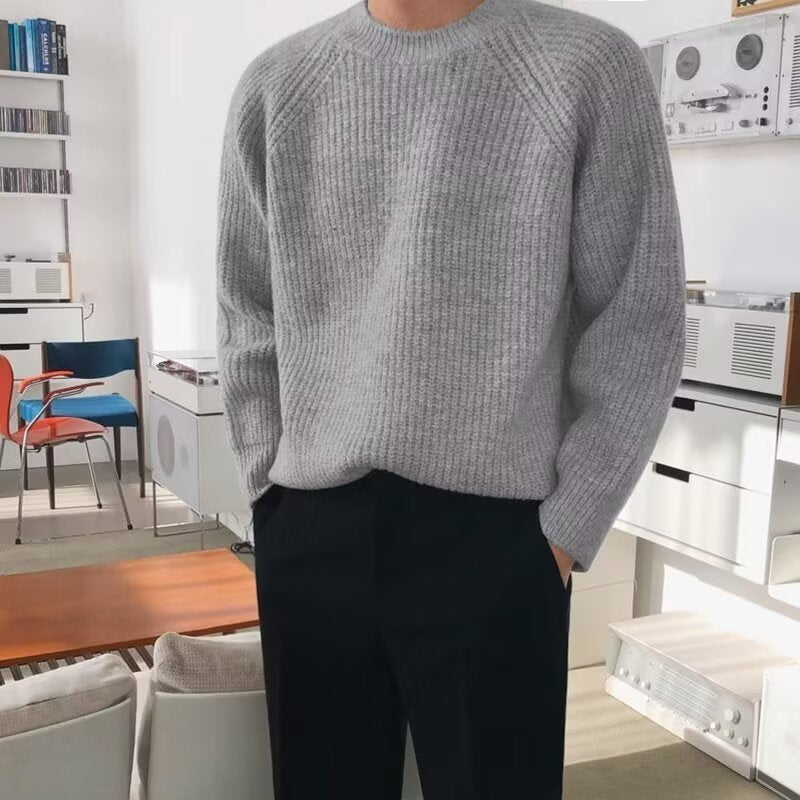 Retro Solid Color Round Neck Vertical Pattern Sweater men