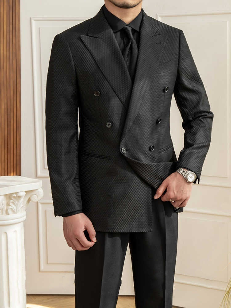 Texture Black Plaid Commute Leisure suit