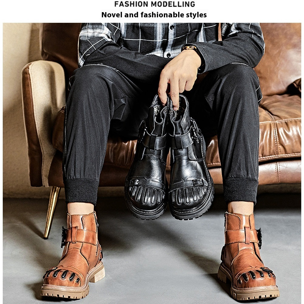 Men Punk Rock Tooling Machinery Car Boots Lace-up Big Head Leather Shoes