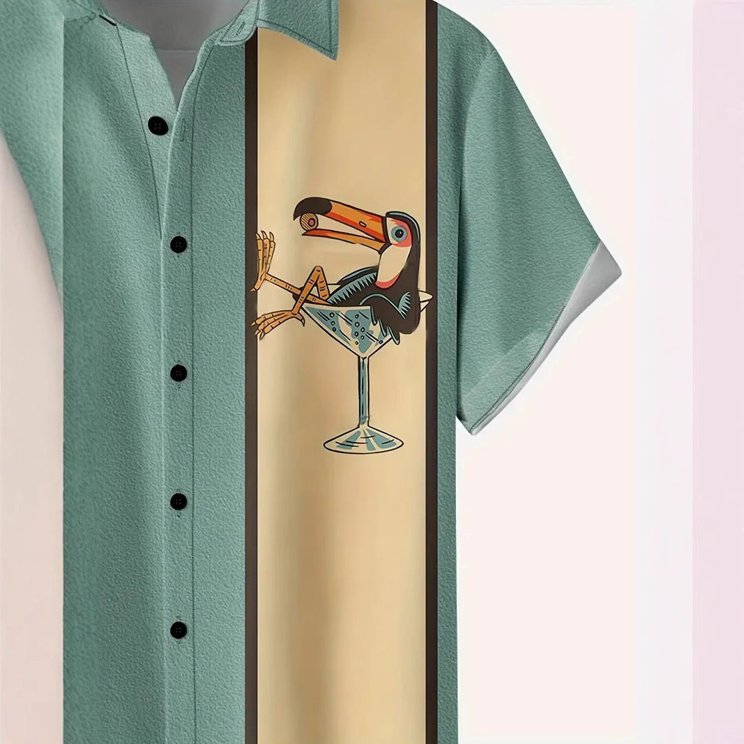 Striped Pattern Buckle Short Sleeve shirt Men