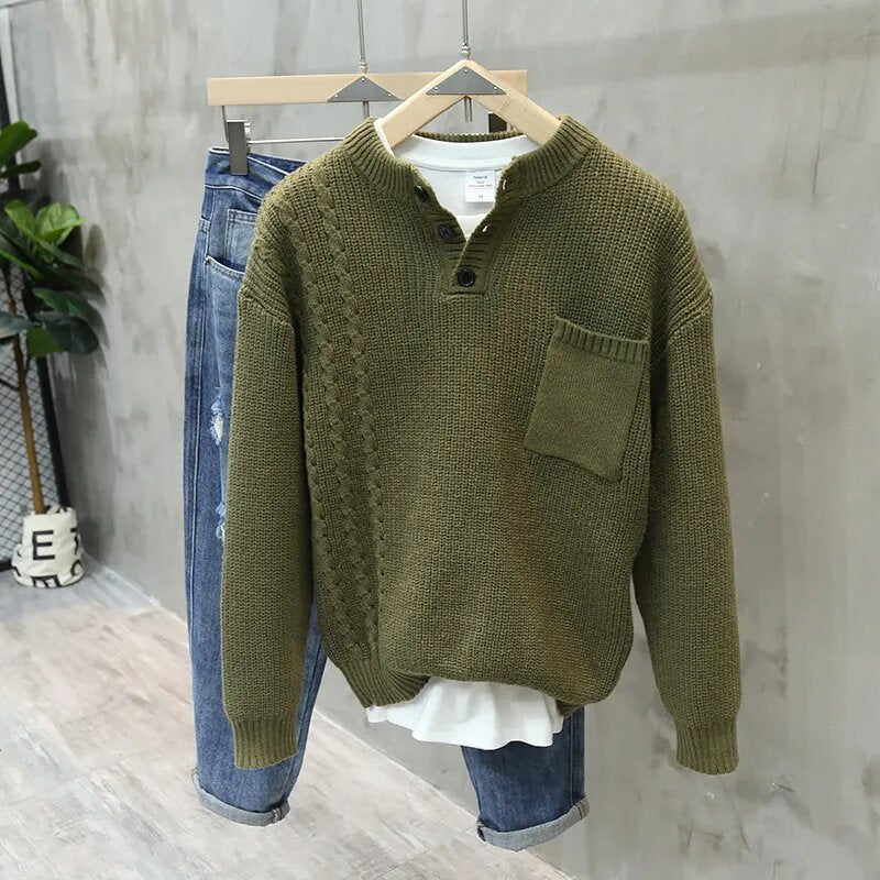 Retro Pullover Men Loose Pockets All-match Casual Sweater