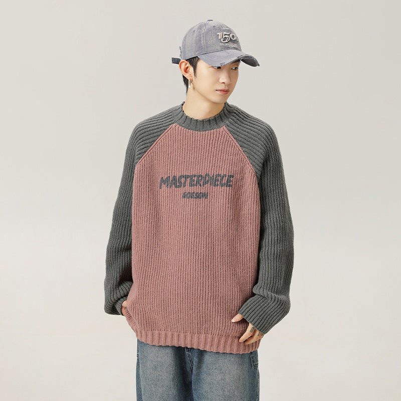 Raglan Sleeve Color Contrast Patchwork Design Sweater