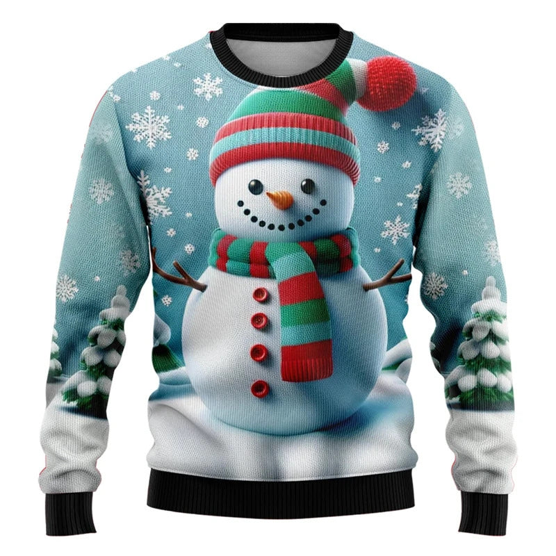 Christmas Snowman Elderly Printed Holiday Party Round Neck Sweater