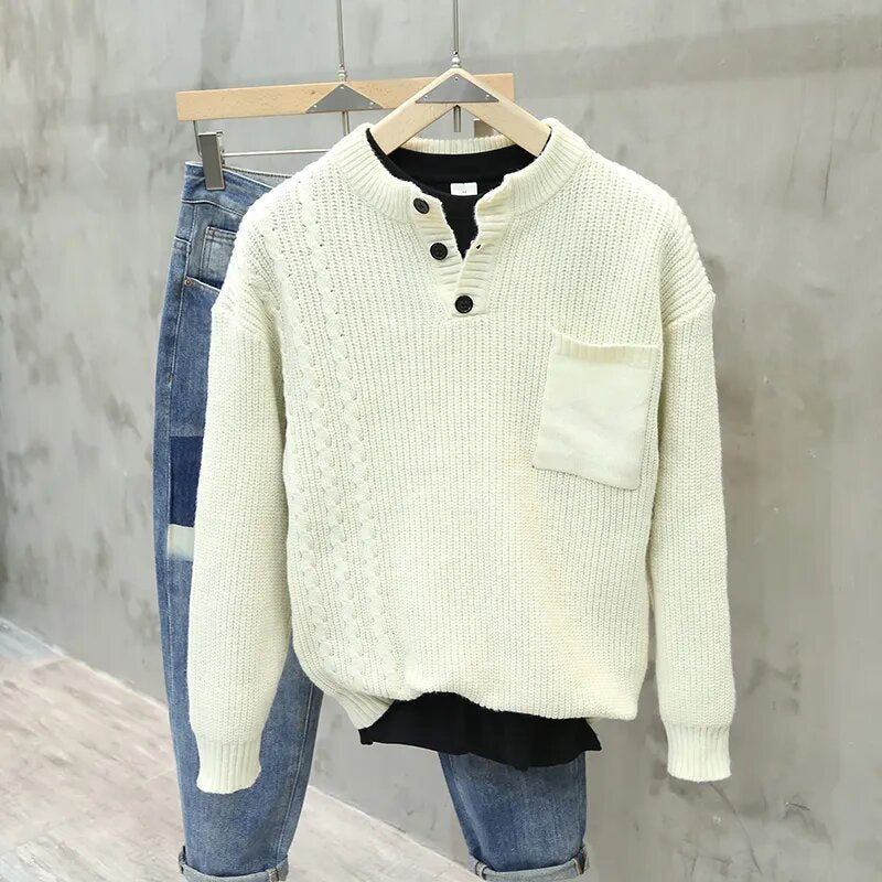 Retro Pullover Men Loose Pockets All-match Casual Sweater