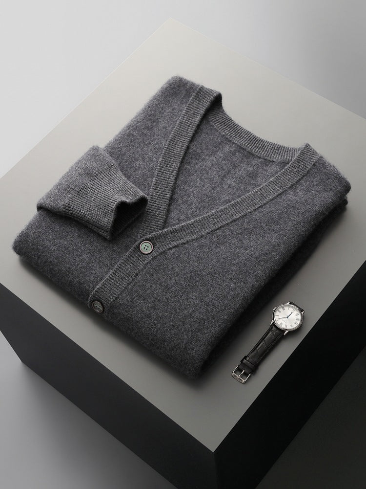 Pure Wool Cardigan Men's V-neck Solid Color Long Sleeve sweater