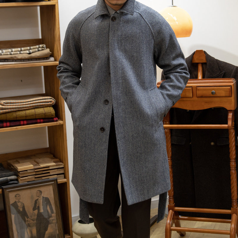 Japanese Leisure Mid-length Herringbone Wool Slim Fit trench Coat