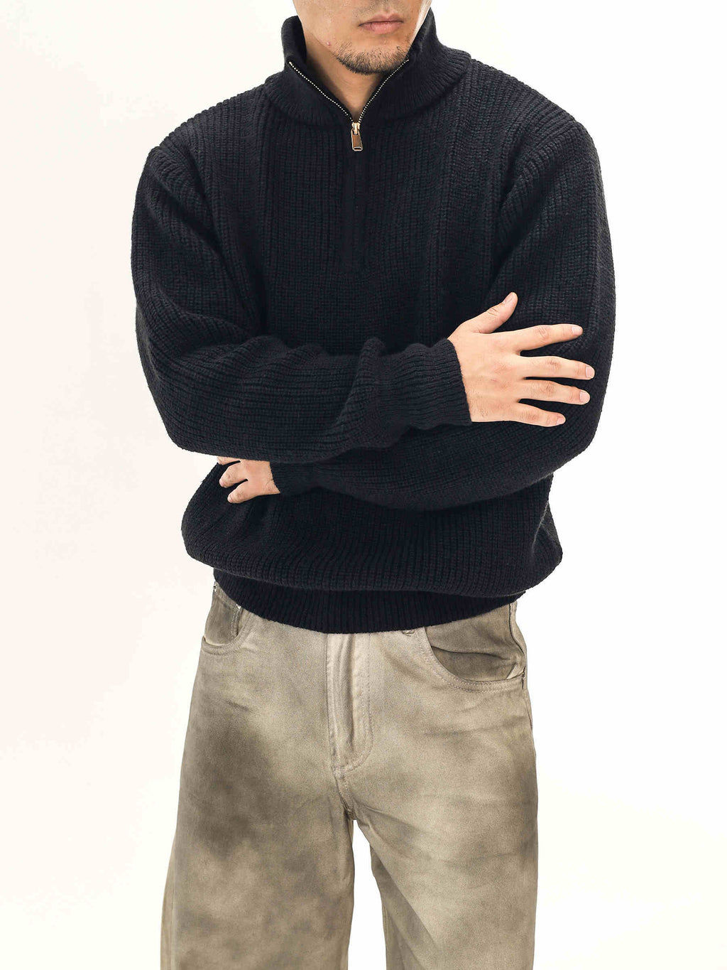 Thick Needle Wool Yarn American Retro Half Zipper Turtleneck Sweater