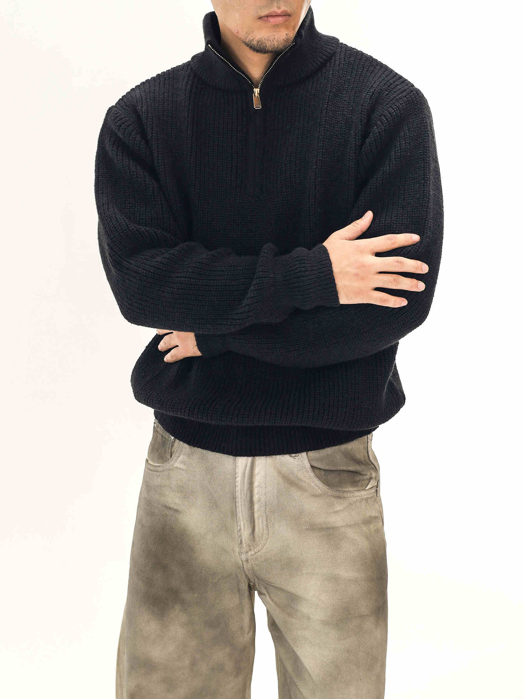 Thick Needle Wool Yarn American Retro Half Zipper Turtleneck Sweater