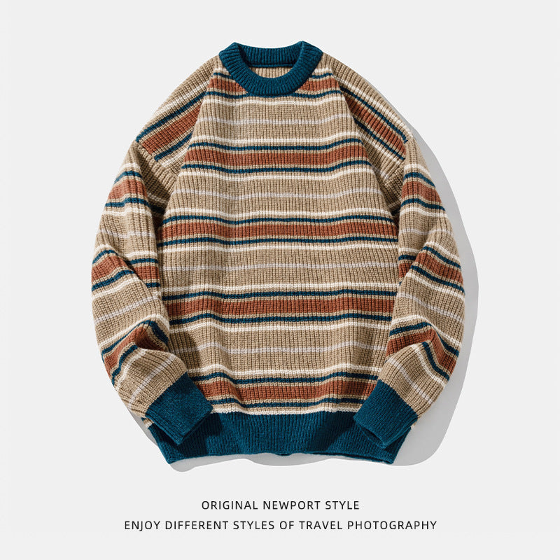 Vintage Contrast Color Striped Round Neck Sweater