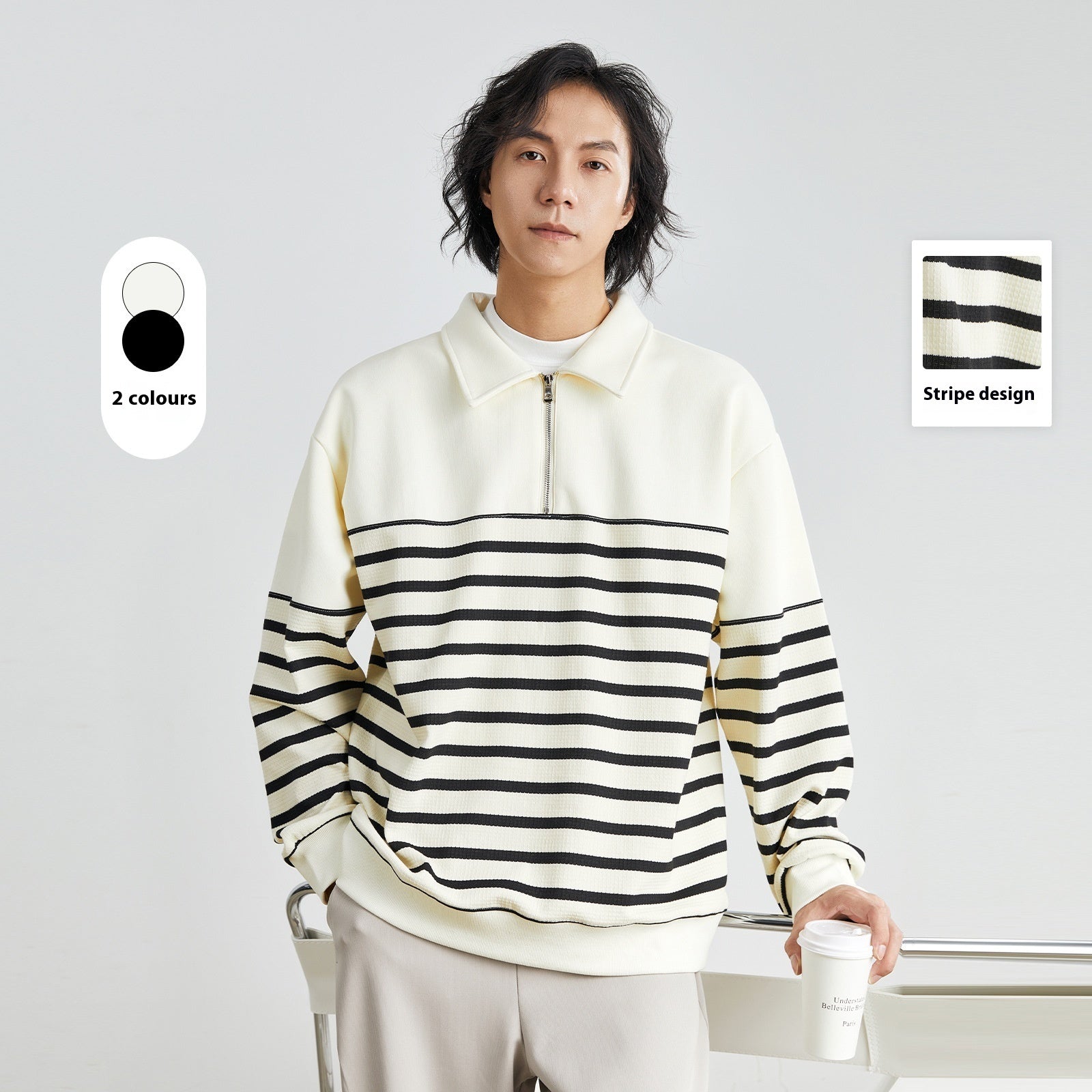 Contrast Color Texture Advanced Lapel Sweater