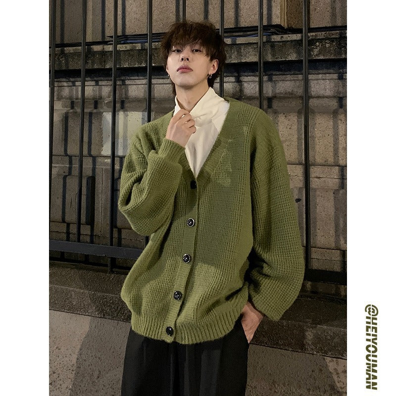 Retro Simple Solid Color And V-neck Men's Knitting Sweater