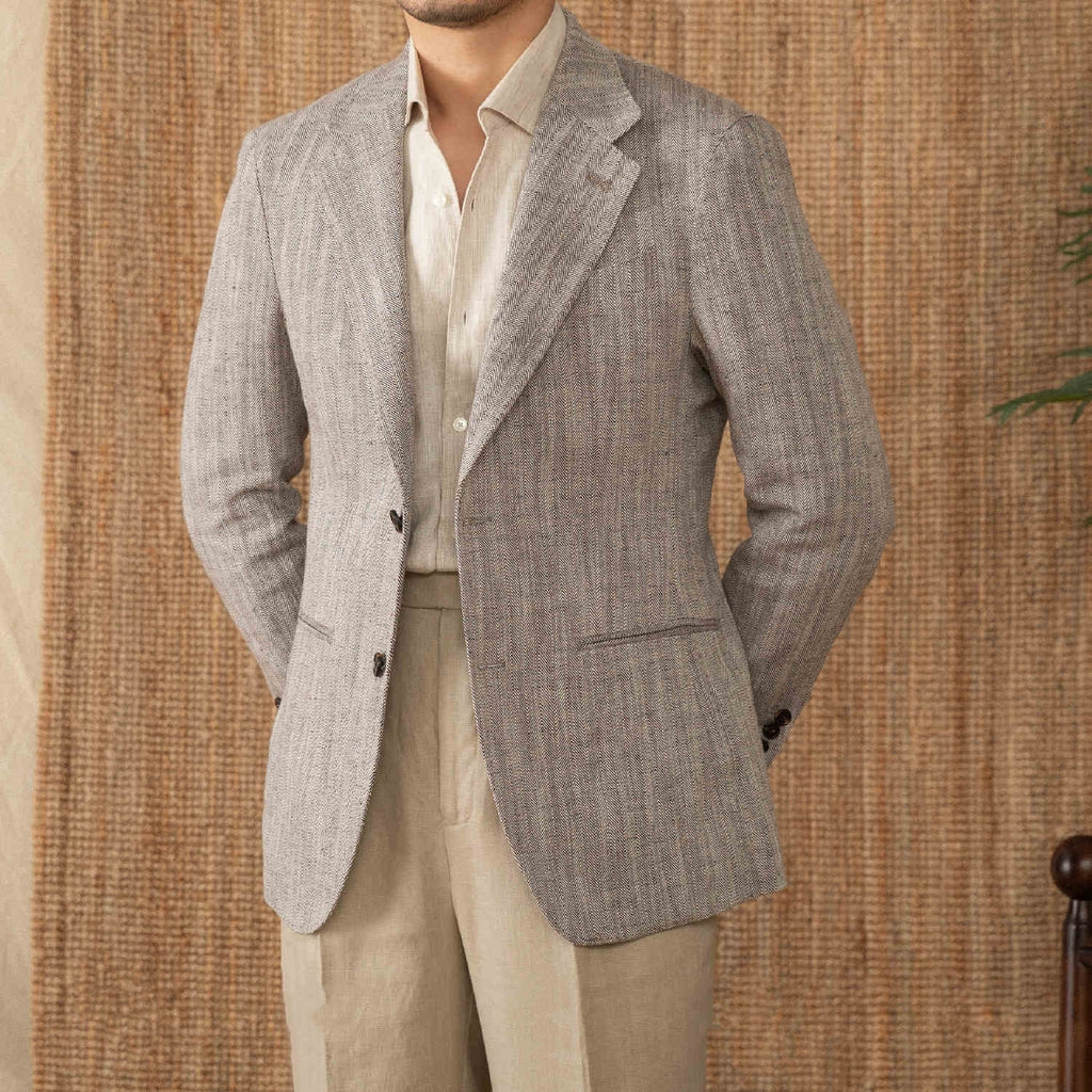 Cotton And Linen Herringbone Business Gentleman Half Lining Suit Jacket