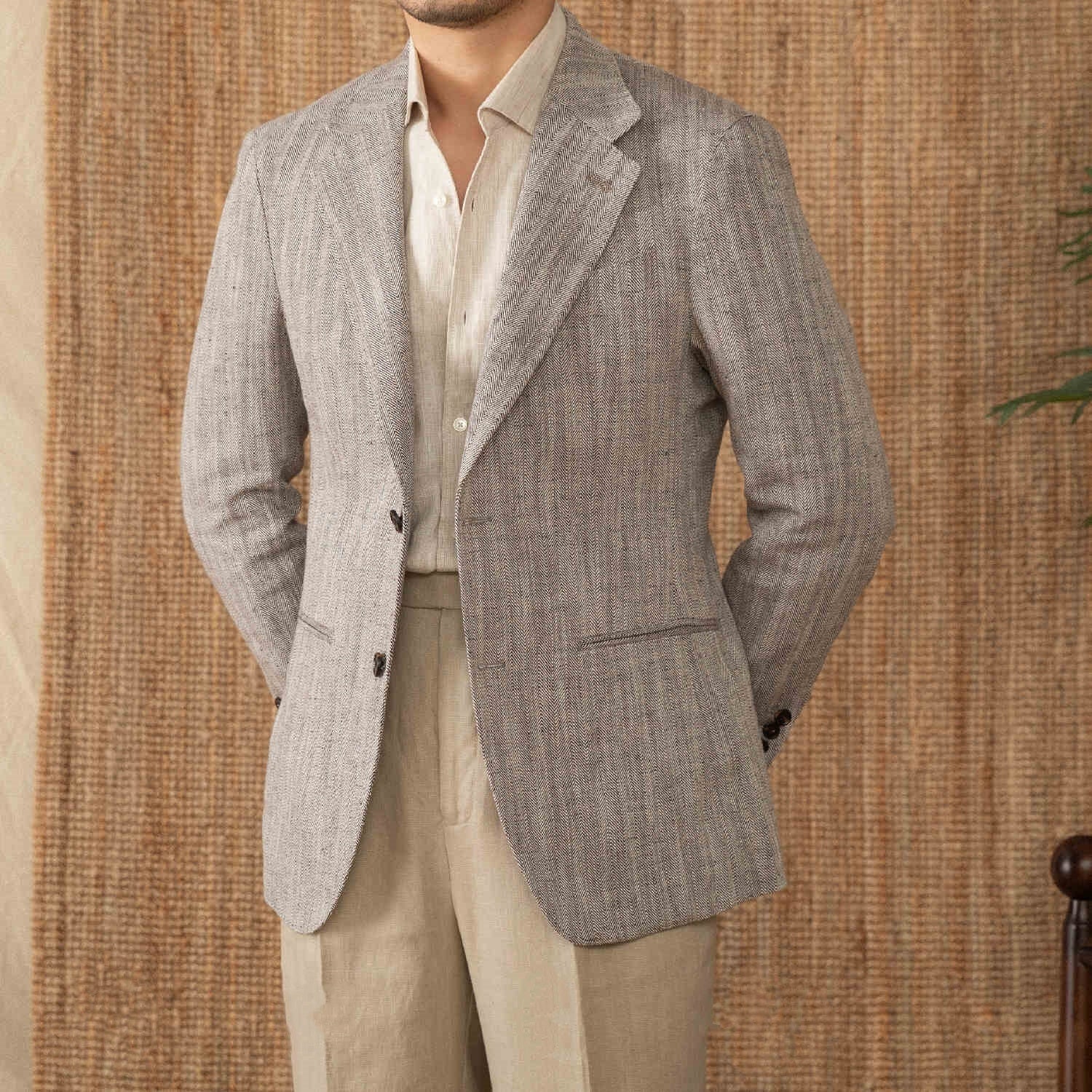 Cotton And Linen Herringbone Business Gentleman Half Lining Suit Jacket