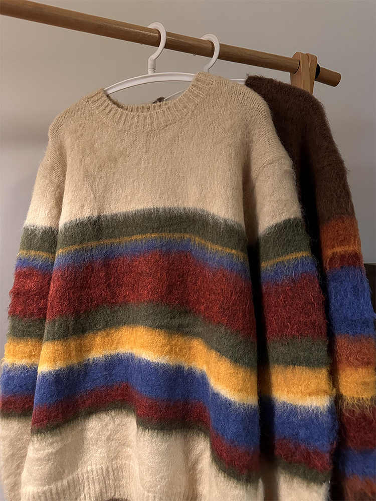 Retro Loose Striped Contrast Color Design Round Neck Sweater