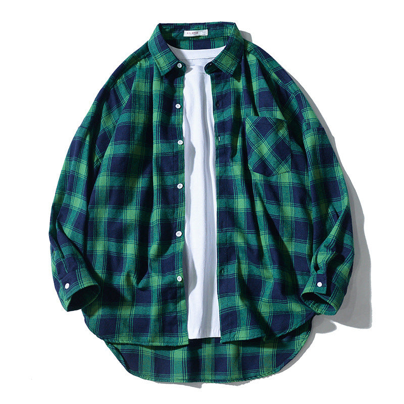 Japanese Style Plaid Long Sleeve Shirt men