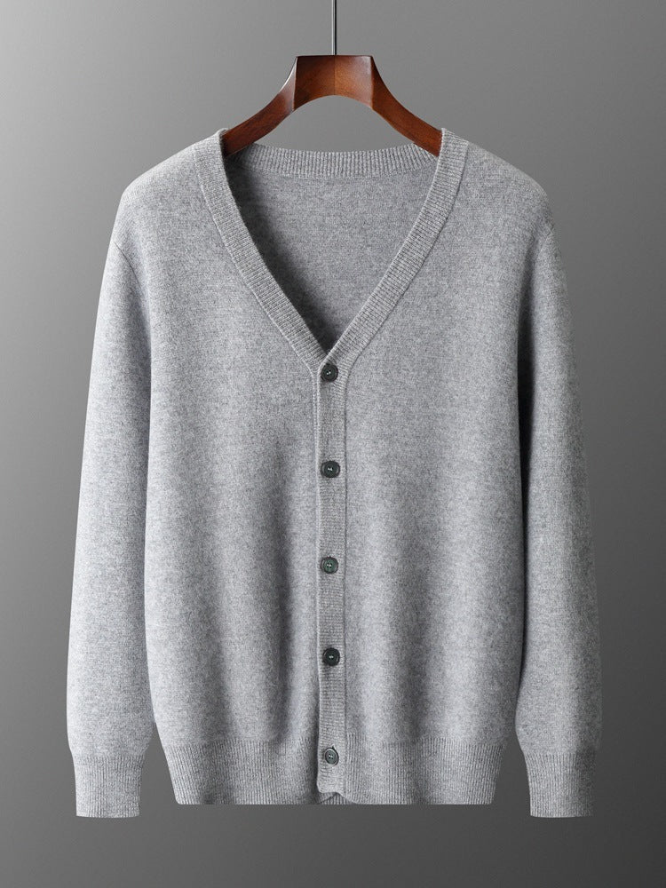 Pure Wool Cardigan Men's V-neck Solid Color Long Sleeve sweater