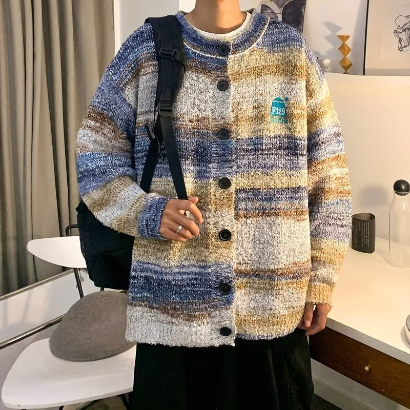 Gradient Contrast Cardigan Sweater Men