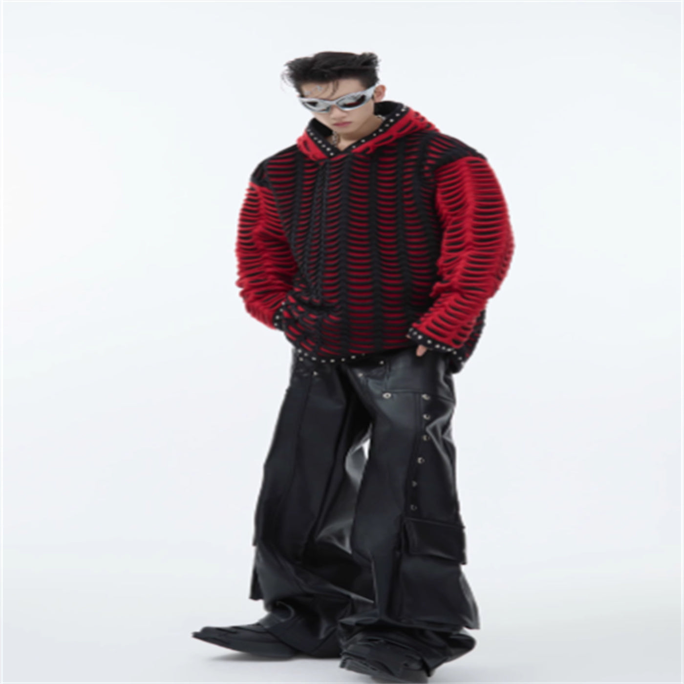 Contrast Color Knitted Hooded Sweatshirt With Metal Rivets