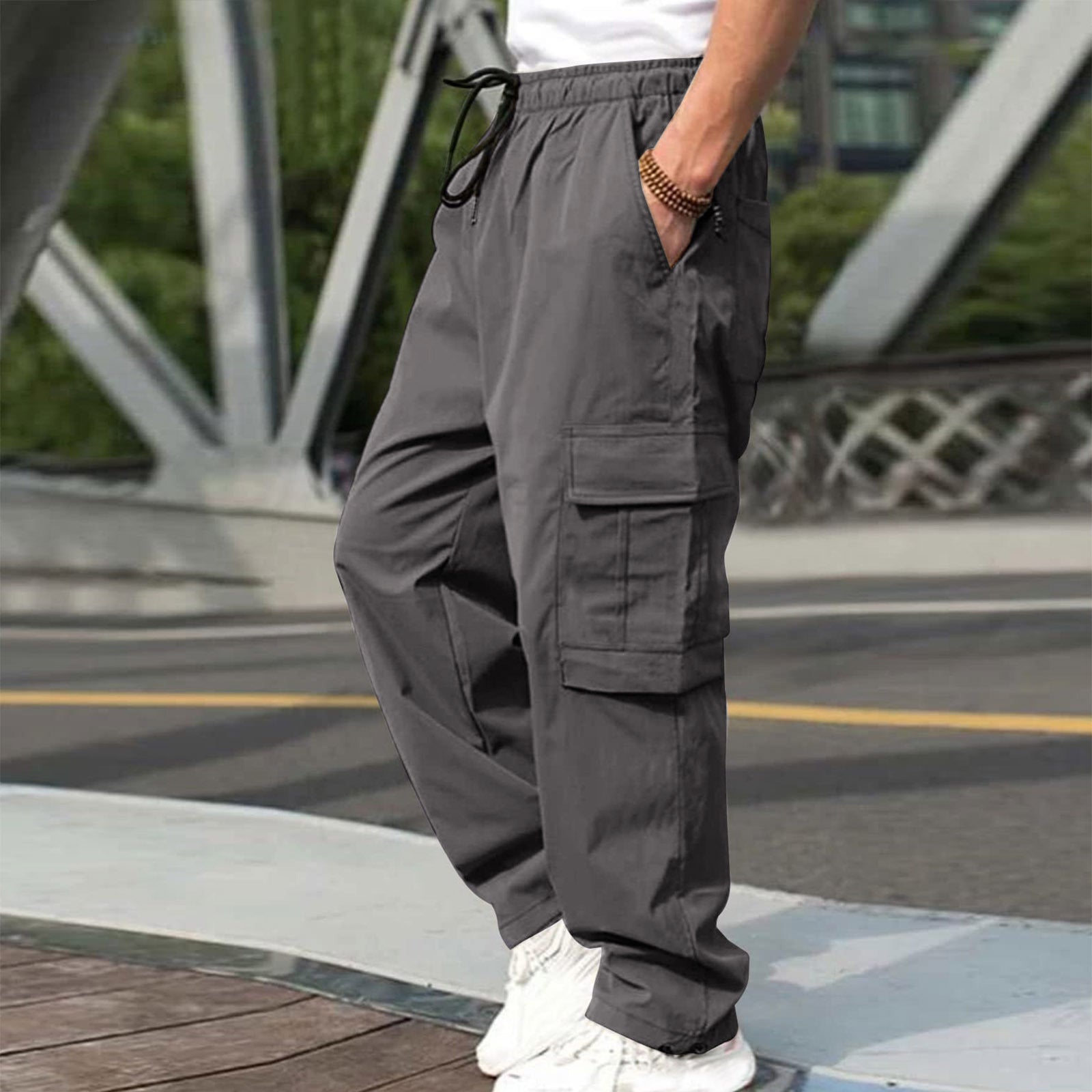 Loose Straight Drawstring Waist Trousers With Pockets